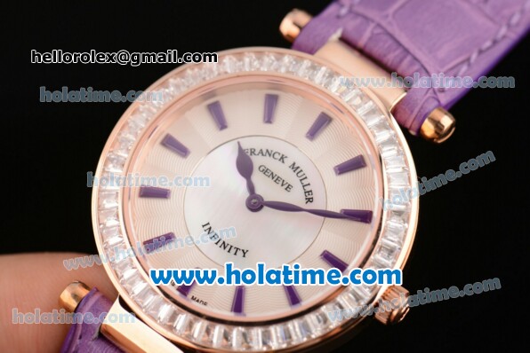 Franck Muller Ronde Miyota Quartz Rose Gold Case with Purple Leather Bracelet Diamond Bezel and Purple Stick Markers - Click Image to Close